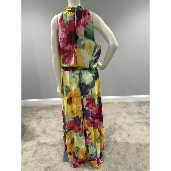 Donna Ricco Mock Neck Belted Sleeveless Floral Chiffon Maxi Dress Size Large - Picture 2 of 11